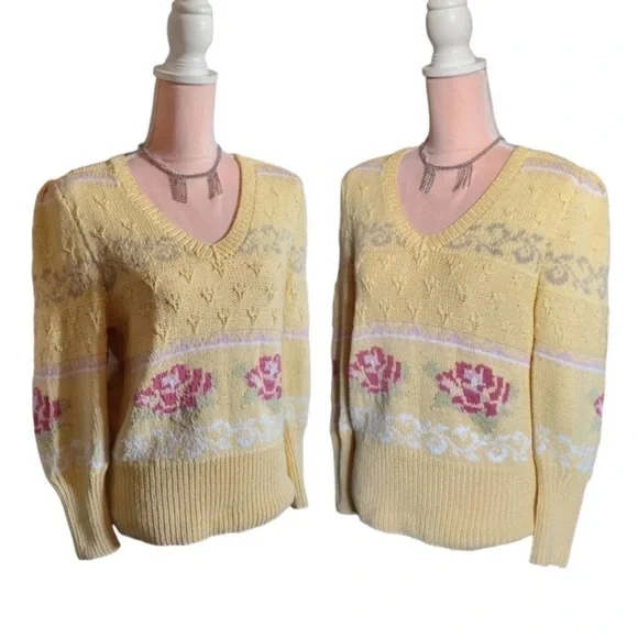 VTG 70s Yellow Pink Floral Cable Knit Vneck Sweater Large *Fits like Small - Picture 7 of 16